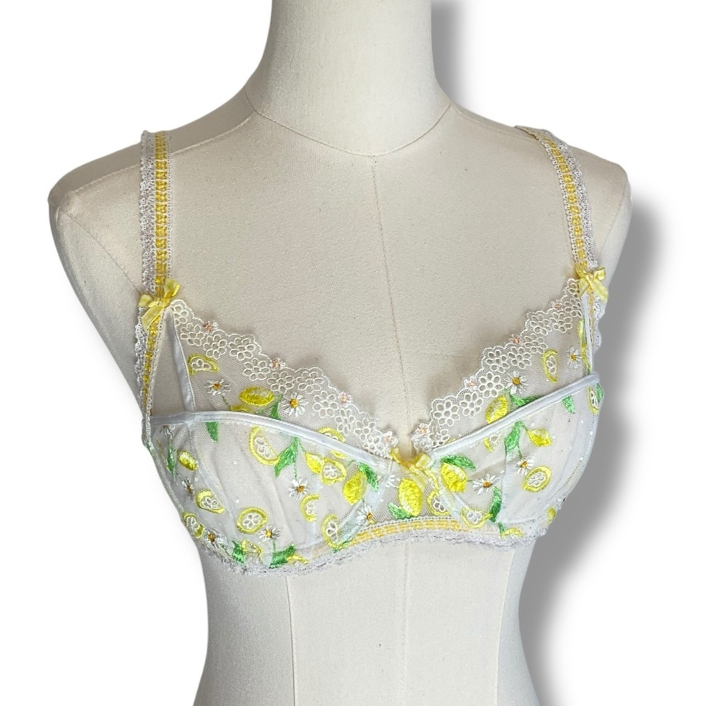 For Love‎ & Lemons Bra Sheer White Yellow Lace Gingham Embroidered Size XS NWT